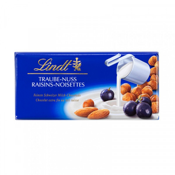 шоколад линдт млечен със стафиди,лешники бадем 100гр
